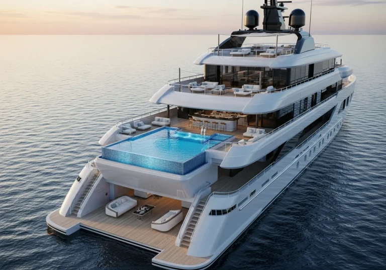 Megayacht di lusso da 110 metri con piscina a sfioro sospesa sopra il bar, naviga in acque cristalline al tramonto, simbolo di eleganza e design futuristico.
