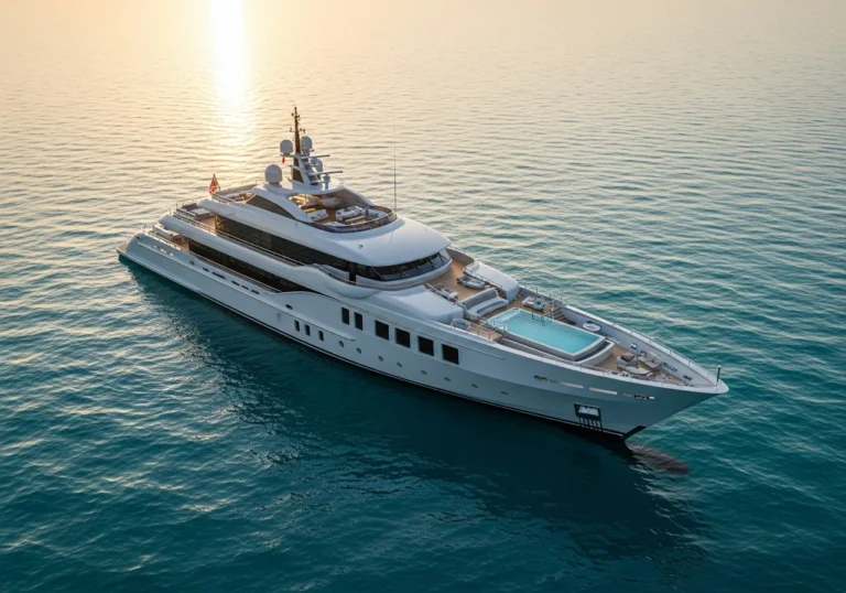Megayacht di lusso moderno con piscina e helipad, navigando in acque cristalline al tramonto.