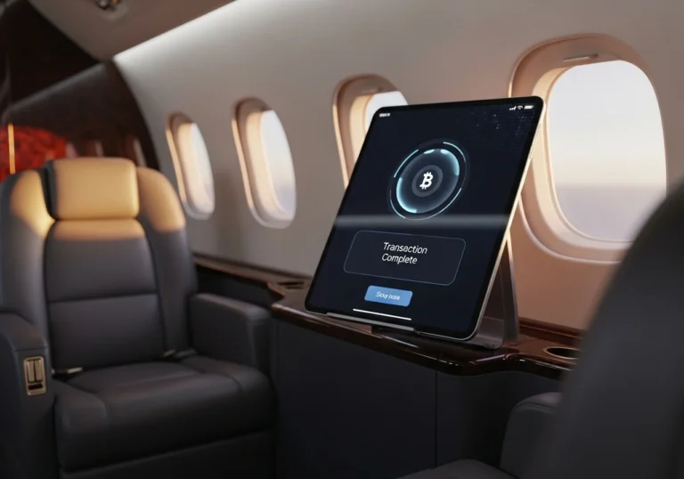 Interno lussuoso di un jet privato al tramonto con un tablet che mostra un'interfaccia di pagamento in criptovalute, simboleggiando la modernità nei viaggi esclusivi.