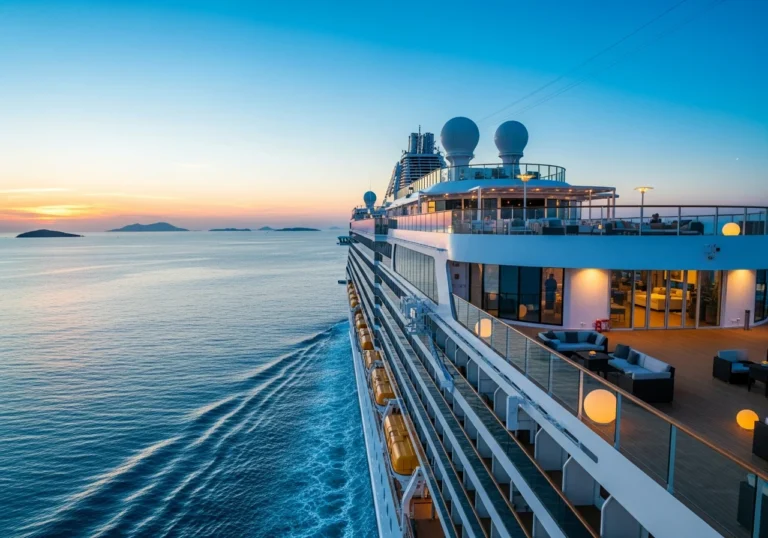 Magnifica nave da crociera di lusso che naviga in un mare turchese al tramonto, con eleganti saloni esterni sui ponti superiori.