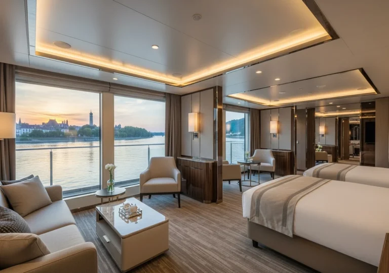 Interni sontuosi di una suite su una nave da crociera fluviale di lusso, con vista panoramica su un paesaggio fluviale europeo al tramonto.