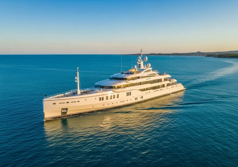Un lussuoso megayacht Amadea solca le acque turchesi al tramonto, simbolo di viaggi esclusivi e opulenza nautica.
