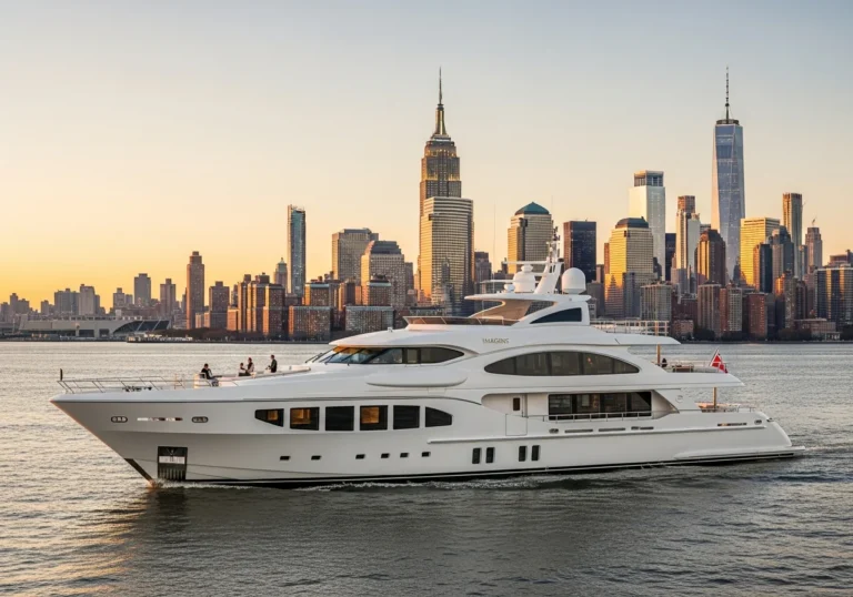 Superyacht di lusso Imagine di 59 metri che naviga elegantemente con lo skyline di Manhattan illuminato al tramonto sullo sfondo.