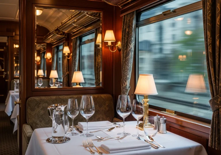 Interno opulento di una carrozza ristorante del Venice Simplon-Orient-Express, con tavoli elegantemente apparecchiati e vista su un paesaggio europeo.
