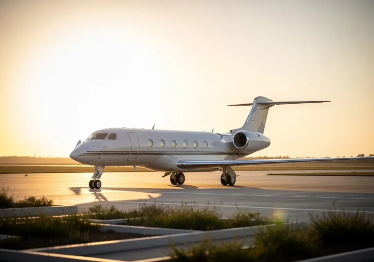 Un elegante jet privato Gulfstream G700 su una pista esclusiva al tramonto, simboleggiante il lusso sostenibile e l'aviazione eco-compatibile.
