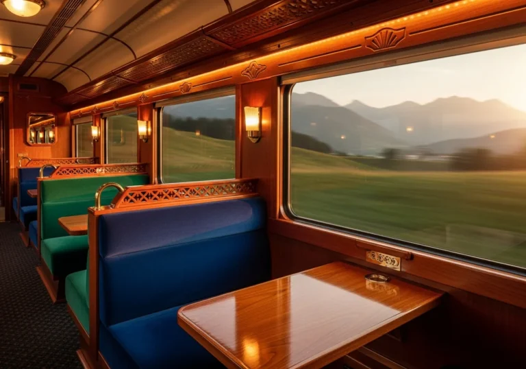 Interno sontuoso di una carrozza di un treno di lusso, con poltrone in velluto, finiture in legno pregiato e ampie finestre che offrono una vista panoramica su un paesaggio idilliaco.