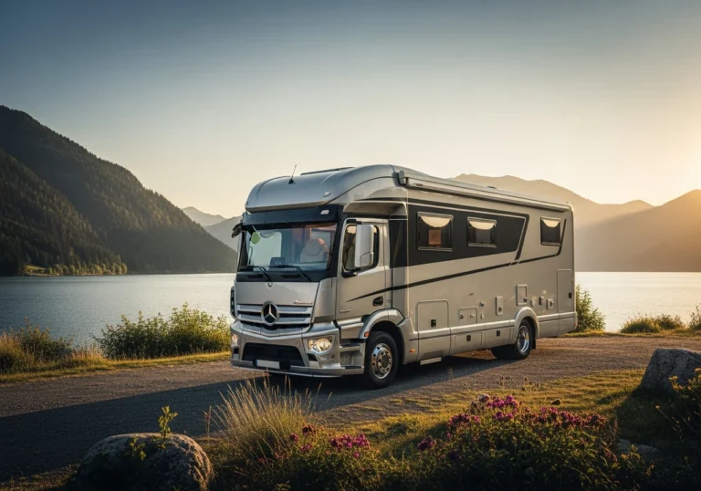 Lussuoso motorhome Mercedes-Benz di design moderno e compatto parcheggiato in un suggestivo paesaggio naturale al tramonto, con finestre panoramiche che riflettono la luce dorata, simbolo di viaggio esclusivo e libertà.