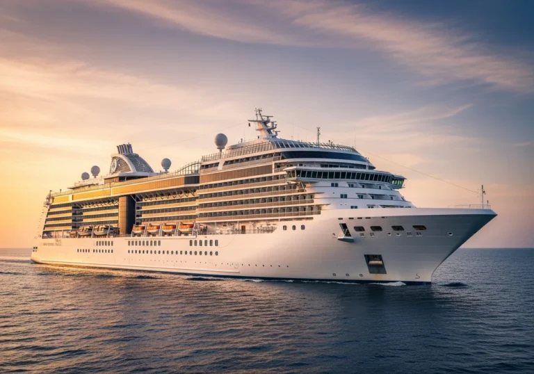 Lussuosa nave da crociera Crystal Cruises di Fincantieri in navigazione su acque serene al tramonto, con design elegante e ampi ponti esterni.