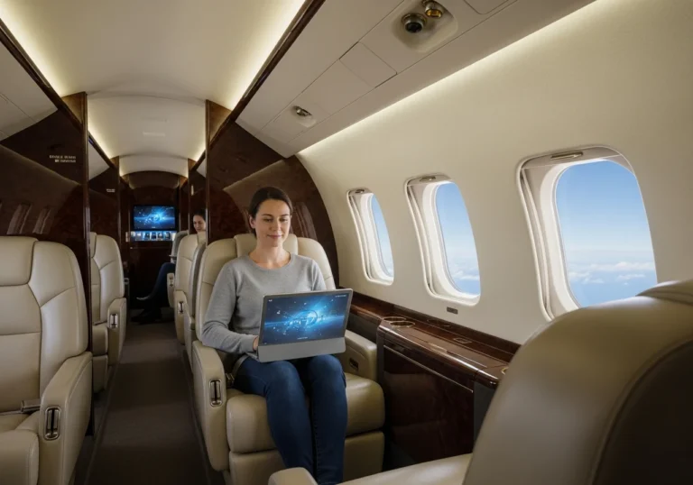 Interno di un jet privato di lusso con un passeggero che utilizza un laptop, simboleggiando la connettività Starlink ad alta velocità durante il volo.