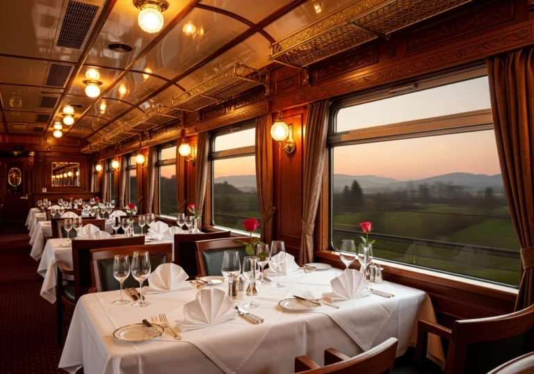 Interno di un lussuoso vagone ristorante di un treno d'epoca, con arredi in legno pregiato, tovaglie bianche e calde luci soffuse, mentre un paesaggio rurale sfuma oltre il finestrino al tramonto.