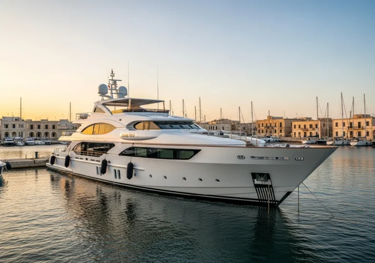Il superyacht di lusso Genie Blu di Gianluca Vacchi ormeggiato in un'elegante marina a Brindisi, illuminato dal tramonto.