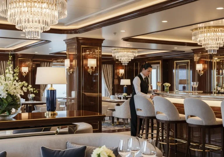 Interno elegante di una nave da crociera di lusso con arredi raffinati, un cameriere discreto sistema un tavolo, simbolo di un servizio personalizzato e impeccabile.