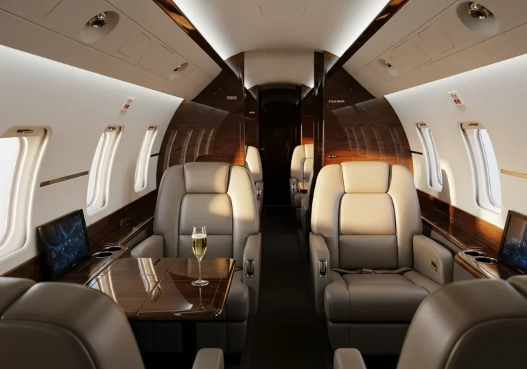 Interno lussuoso e raffinato di un jet privato, con sedili in pelle, finiture in legno pregiato e un bicchiere di champagne su un tavolino, che evoca l'esclusività dei voli 'empty leg'.