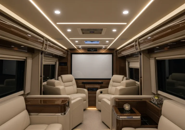 Interno lussuoso di un motorhome di alta gamma, che mostra una sala cinema privata con comodi divani e un grande schermo, illuminata da luci soffuse per un'esperienza di intrattenimento esclusiva in viaggio.