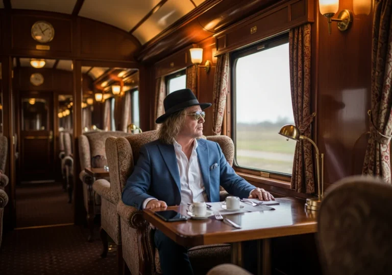 Interni lussuosi del treno Orient Express con un viaggiatore elegante che ammira il paesaggio, evocando un'atmosfera di viaggio storico e raffinato.