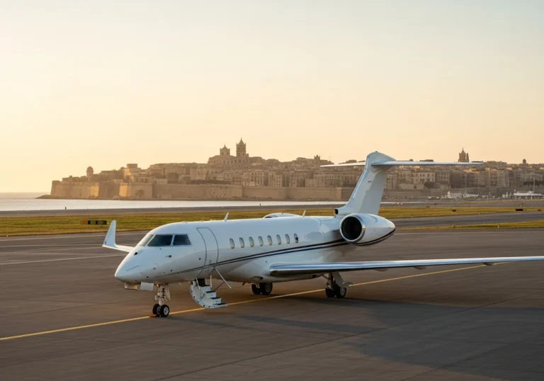 Un elegante jet privato è parcheggiato su una pista di atterraggio esclusiva, con la sagoma di Palermo sullo sfondo al tramonto, simbolo di un viaggio di lusso.