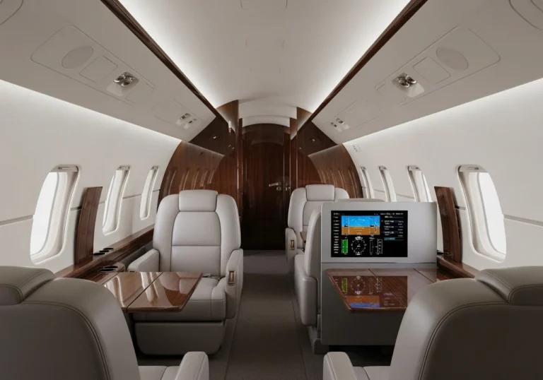 Interno lussuoso di un jet privato di ultima generazione con sedili in pelle, finiture in legno e un pannello di controllo digitale integrato, che evoca un viaggio confortevole e tecnologicamente avanzato.