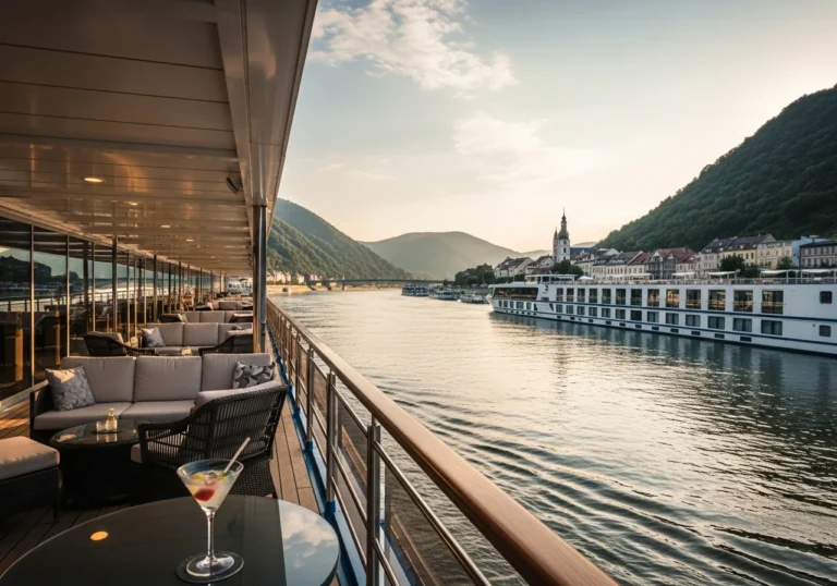 Ponte di una nave da crociera fluviale di lusso sul Danubio, con eleganti arredi e panorama storico.