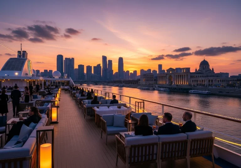 Ponte di una lussuosa nave da crociera al tramonto, con arredi eleganti e passeggeri che ammirano uno skyline urbano e un ampio fiume. Atmosfera serena e opulenta.