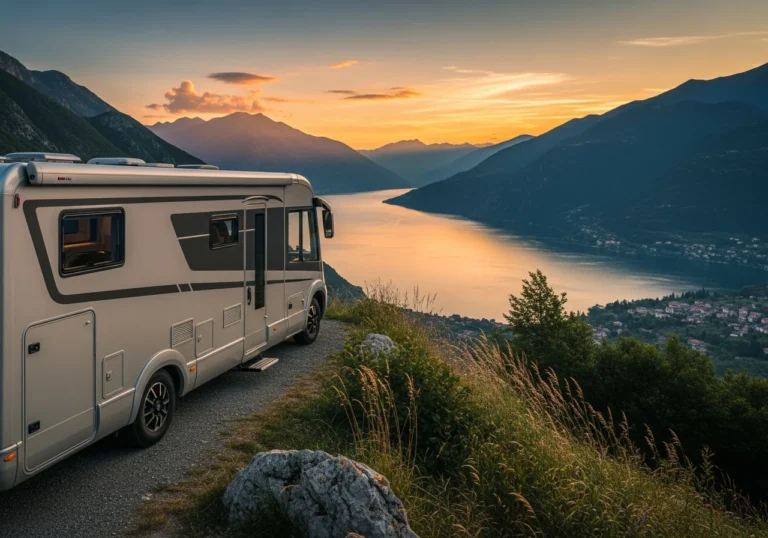 Elegante motorhome di lusso parcheggiato su una vista panoramica di un lago di montagna italiano al tramonto.