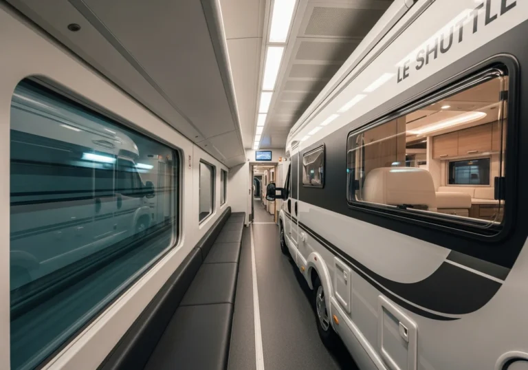 Un lussuoso motorhome moderno parcheggiato all'interno di un ampio e luminoso vagone del treno Le Shuttle che attraversa il Tunnel della Manica. L'interno del motorhome è visibile attraverso i finestrini, mostrando arredi eleganti e confortevoli, suggerendo un viaggio esclusivo e senza interruzioni.