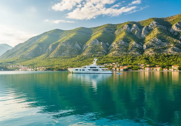 Un superyacht di lusso bianco ormeggiato in una baia cristallina del Montenegro, circondato da imponenti montagne verdi che si affacciano sul mare Adriatico.
