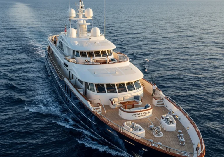Un opulento yacht Orient Express Corinthian naviga nelle acque serene del Mediterraneo al tramonto, mettendo in risalto i suoi ponti in legno e il design elegante.