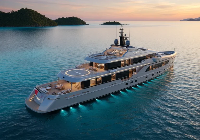 Magnifico yacht explorer di lusso, il 'Canoa', che naviga in acque cristalline al tramonto, con isole tropicali sullo sfondo.