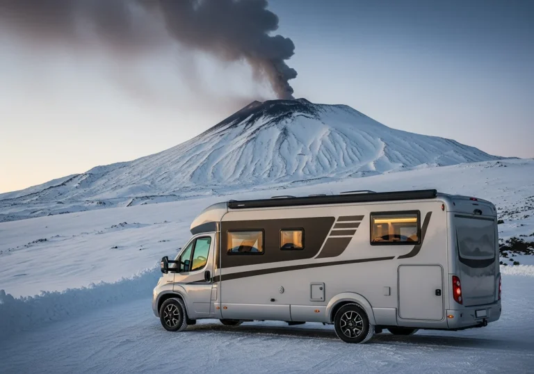 Motorhome di lusso parcheggiato sulle pendici innevate dell'Etna, con il vulcano fumante sullo sfondo e luci calde che illuminano l'interno del veicolo.