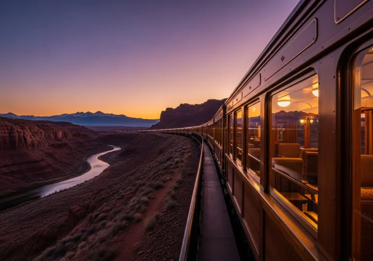 Un lussuoso treno d'epoca con ampie finestre panoramiche attraversa un paesaggio mozzafiato del selvaggio West americano al tramonto, con rocce rosse e montagne innevate.