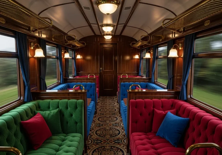 Interno lussuoso di un vagone del treno Belmond's Celia, decorato con lo stile opulento e cinematografico di Baz Luhrmann, con sedili in velluto color gioiello, legni scuri e lampade d'epoca.