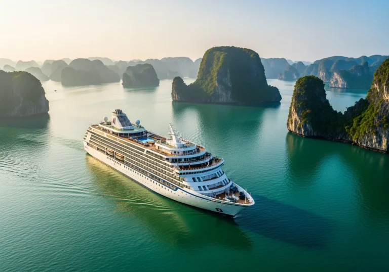 Lussuosa nave da crociera che naviga nelle acque smeraldine della Baia di Ha Long all'alba, con maestose formazioni rocciose calcaree che si ergono dalla nebbia eterea.