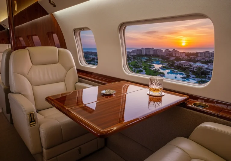 Interno lussuoso di un jet privato con sedili in pelle, tavolo elegante e vista mozzafiato su una località costiera esclusiva al tramonto.