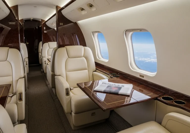 Interno lussuoso di un jet privato con sedili in pelle chiara e finiture in legno scuro, un giornale sfocato su un tavolino e una vista panoramica dal finestrino sul cielo. L'immagine evoca un viaggio esclusivo e la discussione sulle normative.