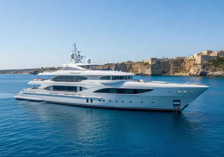 Magnifico superyacht 'Serenity' con design moderno e linee eleganti, ancorato nelle acque cristalline di Santa Maria di Leuca, con la costa pugliese sullo sfondo sotto un cielo sereno.
