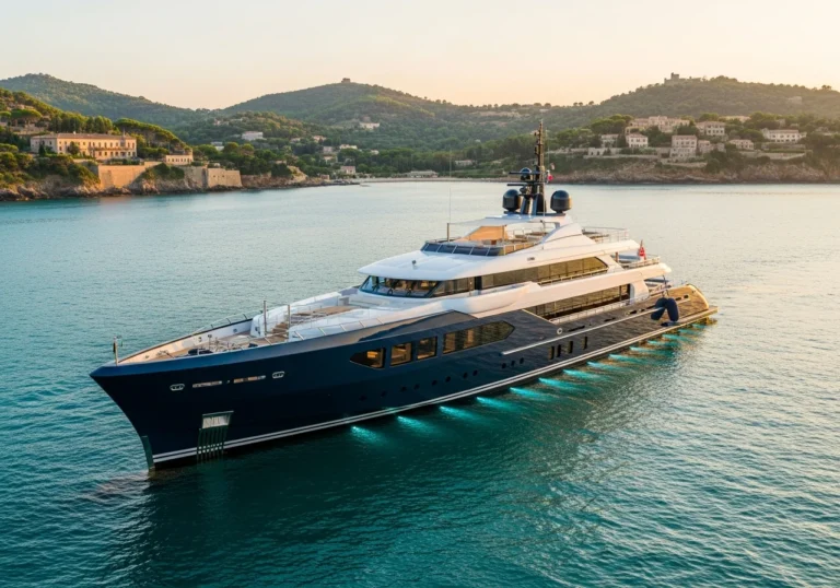 Superyacht Maìn di Giorgio Armani ormeggiato con eleganza nel porto esclusivo dell'Argentario, Italia, al tramonto.