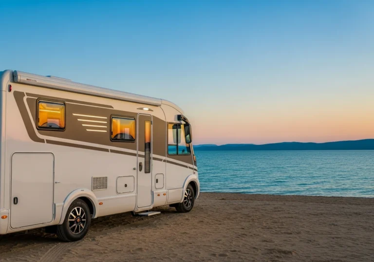 Un lussuoso motorhome moderno parcheggiato su una spiaggia sabbiosa a Biscarrosse, Francia, con un lago calmo e un tramonto dorato sullo sfondo, evocando un viaggio esclusivo.