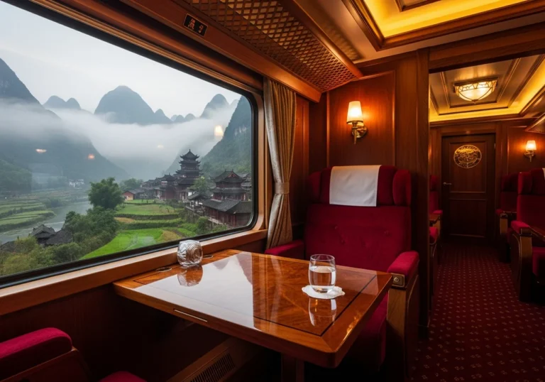 Interno di una lussuosa cabina del treno Golden Eagle, con ampi finestrini che offrono una vista su un paesaggio montano nebbioso della Cina, arredamento elegante e dettagli in legno.