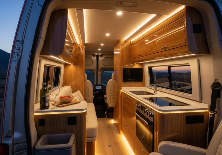 Interni lussuosi di un motorhome Mercedes Sprinter personalizzato, con finiture in legno pregiato, cucina compatta e zona living confortevole.