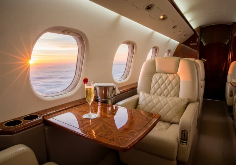 Interno lussuoso di un jet privato con poltrone in pelle, finiture in legno e un calice di champagne, con vista sulle nuvole al tramonto.