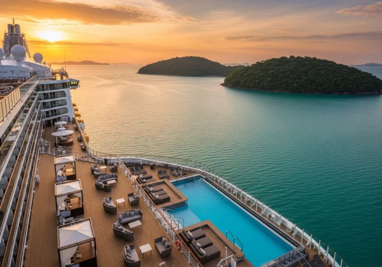 Una maestosa nave da crociera di lusso naviga nelle acque cristalline di Pattaya, Thailandia, al tramonto, con isole tropicali sullo sfondo e dettagli eleganti sul ponte.