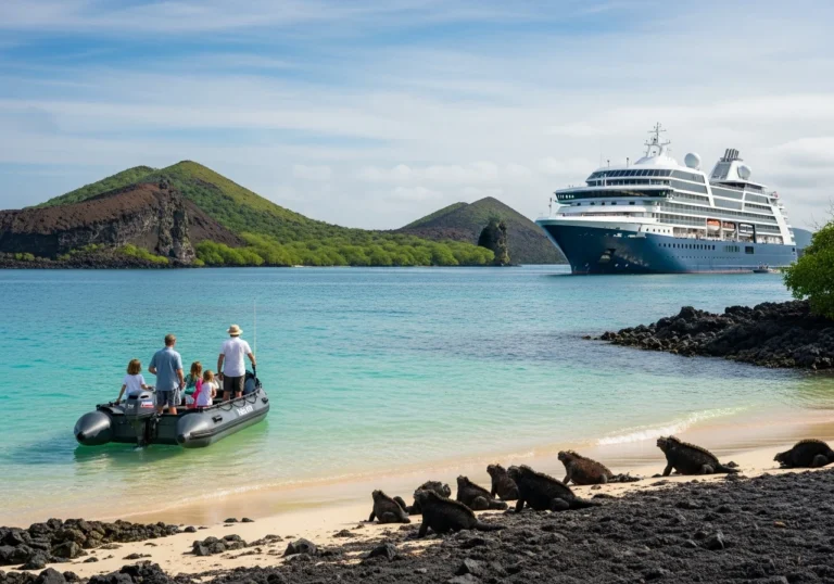 Una lussuosa nave da crociera d'esplorazione ancorata in una baia cristallina delle Isole Galapagos, con una famiglia in zodiac che osserva la fauna selvatica sulla riva.