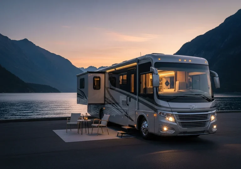 Lussuoso motorhome di alta gamma parcheggiato sulle rive di un lago alpino al tramonto, con montagne imponenti sullo sfondo, simbolo di viaggio esclusivo e libertà.