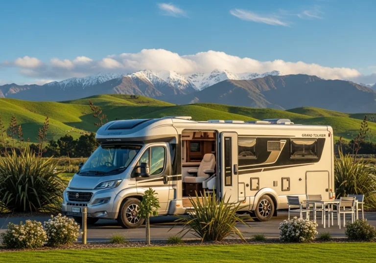 Un motorhome di lusso parcheggiato in un campeggio esclusivo a Christchurch, Nuova Zelanda, con colline verdi e montagne innevate sullo sfondo.