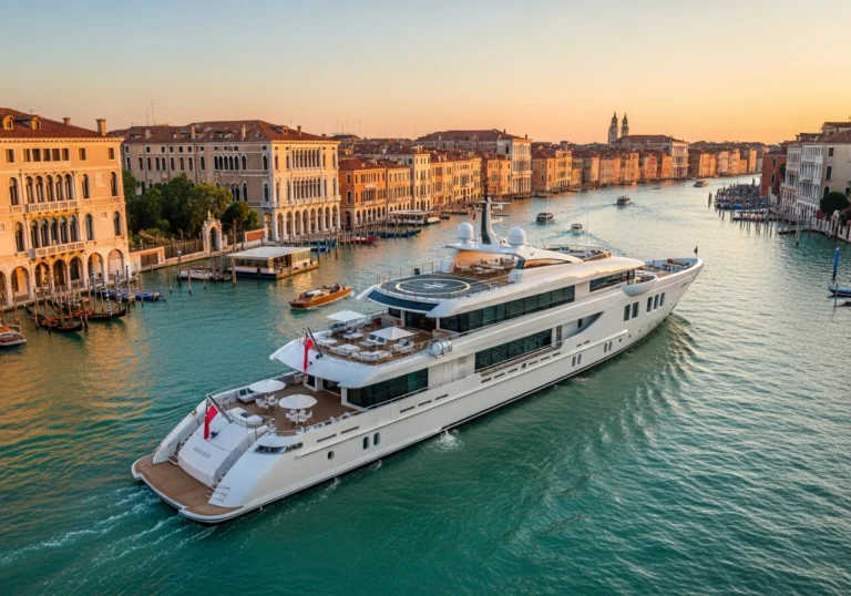 Superyacht di lusso con interni raffinati che naviga nel Canale Grande a Venezia, al tramonto, con palazzi storici sullo sfondo.