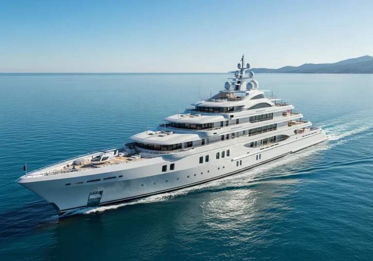 Megayacht Dragonfly di 142 metri che naviga in acque cristalline del Mediterraneo, con ponti spaziosi e design moderno sotto un cielo sereno.