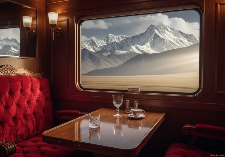 Interno di un lussuoso treno con finiture in legno e poltrone in velluto, che offre una vista panoramica mozzafiato sulle maestose montagne dell'Himalaya e il paesaggio tibetano.