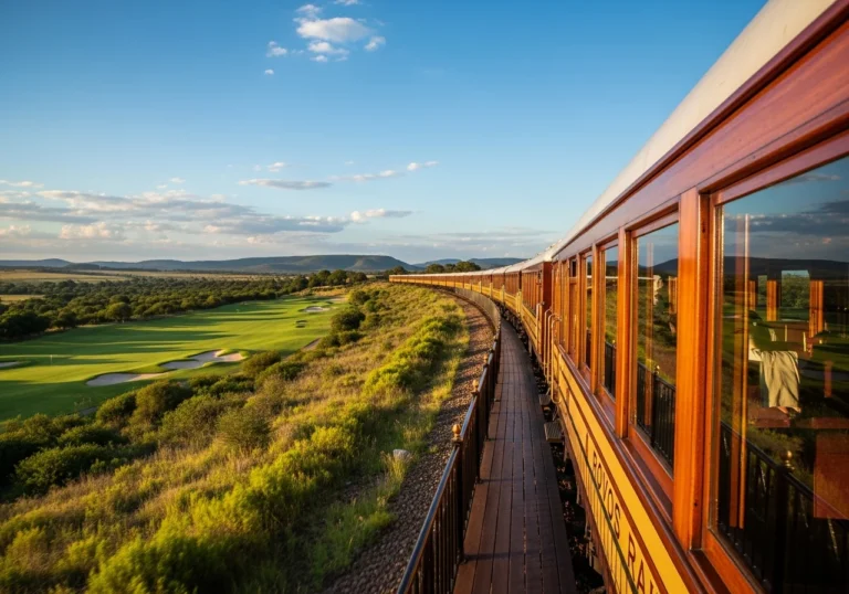 Treno di lusso Rovos Rail che attraversa i verdissimi paesaggi del Sudafrica con un prestigioso campo da golf in lontananza, simboleggiando un esclusivo safari golfistico su rotaie.