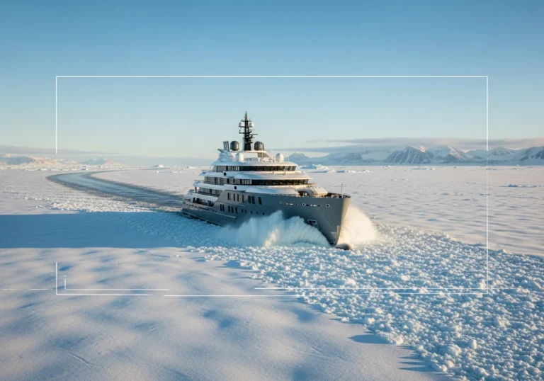 Un elegante superyacht di lusso con scafo rompighiaccio naviga attraverso le acque ghiacciate dell'Artico, circondato da iceberg e paesaggi montani innevati, sotto un cielo limpido e luminoso.