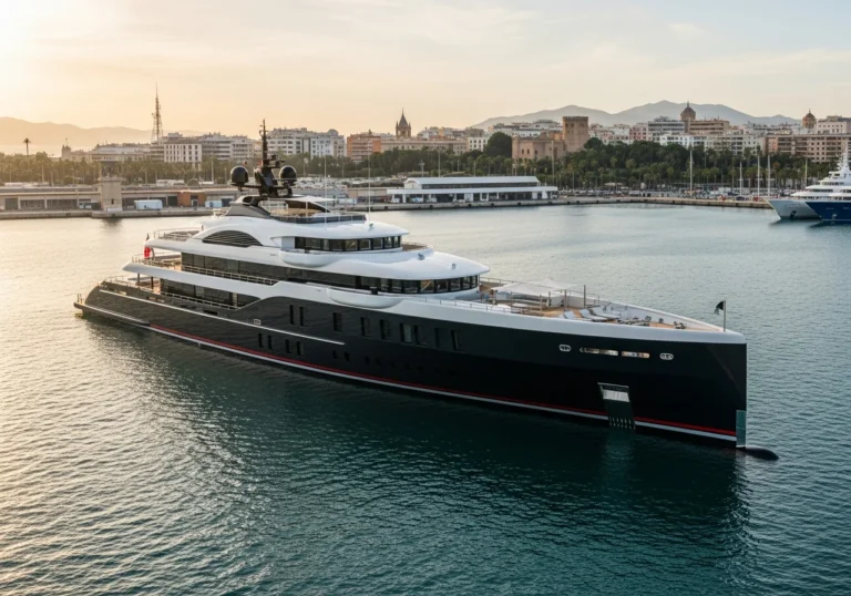 Superyacht Akula di 59 metri del cantiere Rossinavi ormeggiato elegantemente nel porto soleggiato di Malaga, con l'architettura storica della città sullo sfondo.